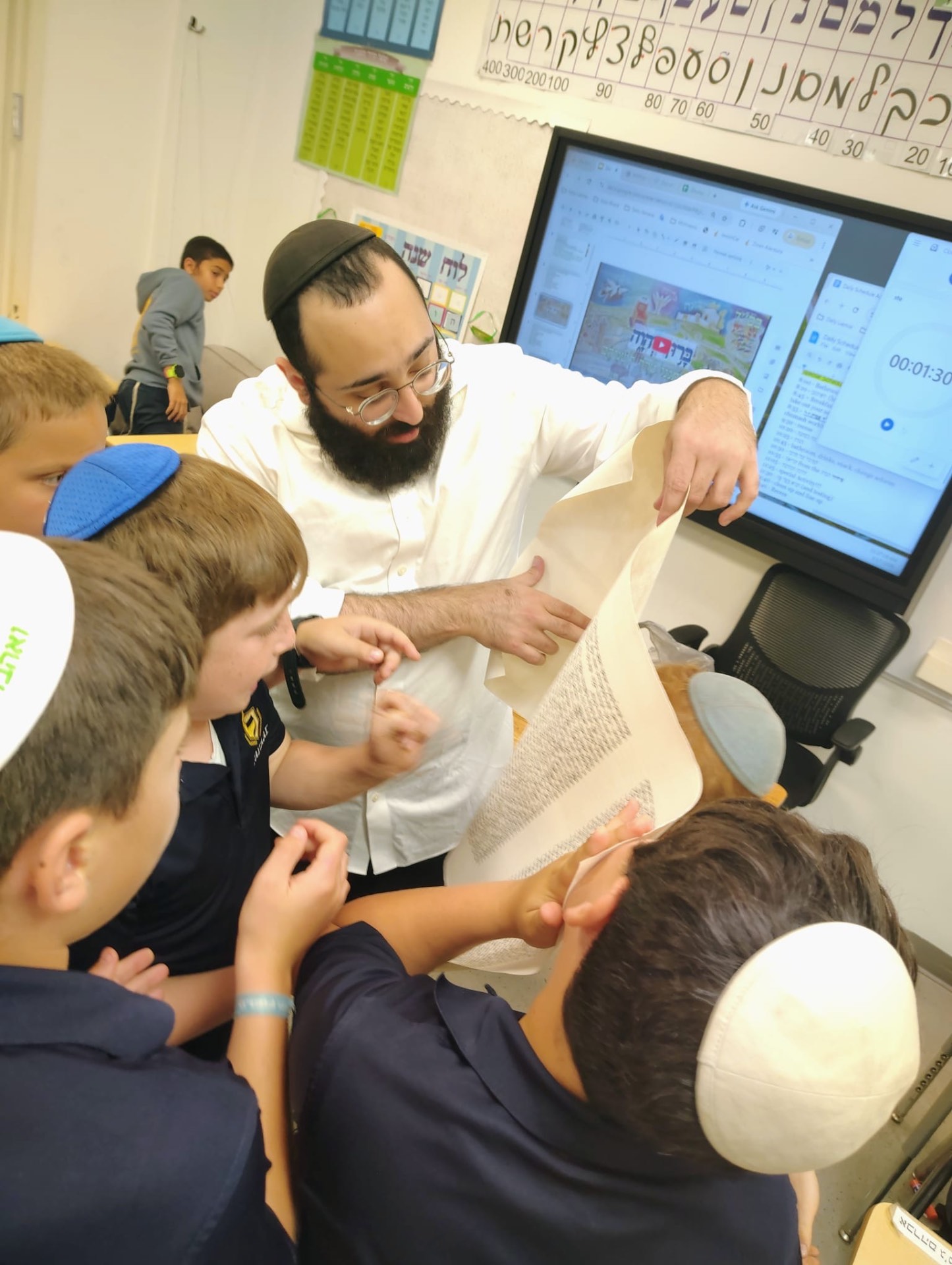Students examining parchment with Levi